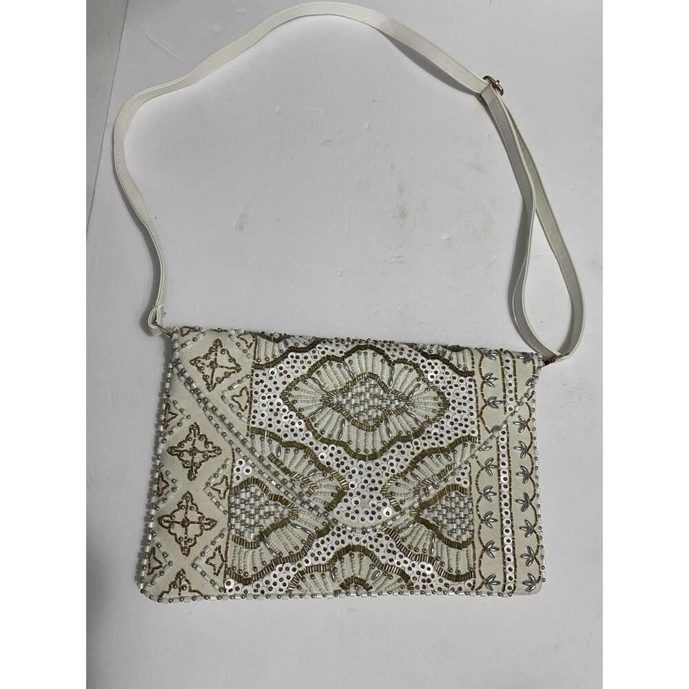 Versona Women Purse Shoulder Handbag Bead Accent White Button Closure New No Tag